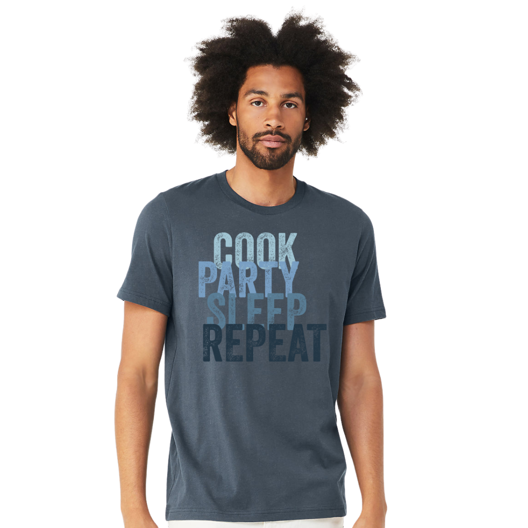 Cook. Party. Sleep. Repeat Unisex Short Sleeve Tee by Bella + Canvas